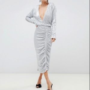 NWT Lavish Alice Sequin Embellished Midi Dress In Silver Iridescent - Size 10